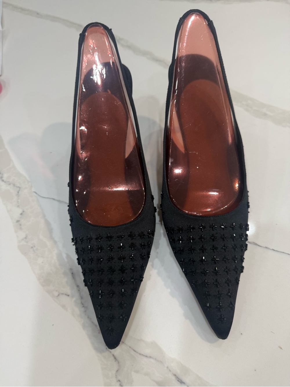 Black Embellished Pointed Slingback Shoes by Nina